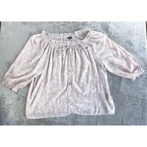 Boho Peasant Blouse Womens 3X Pink Paisley Cottagecore Balloon Sleeve Top